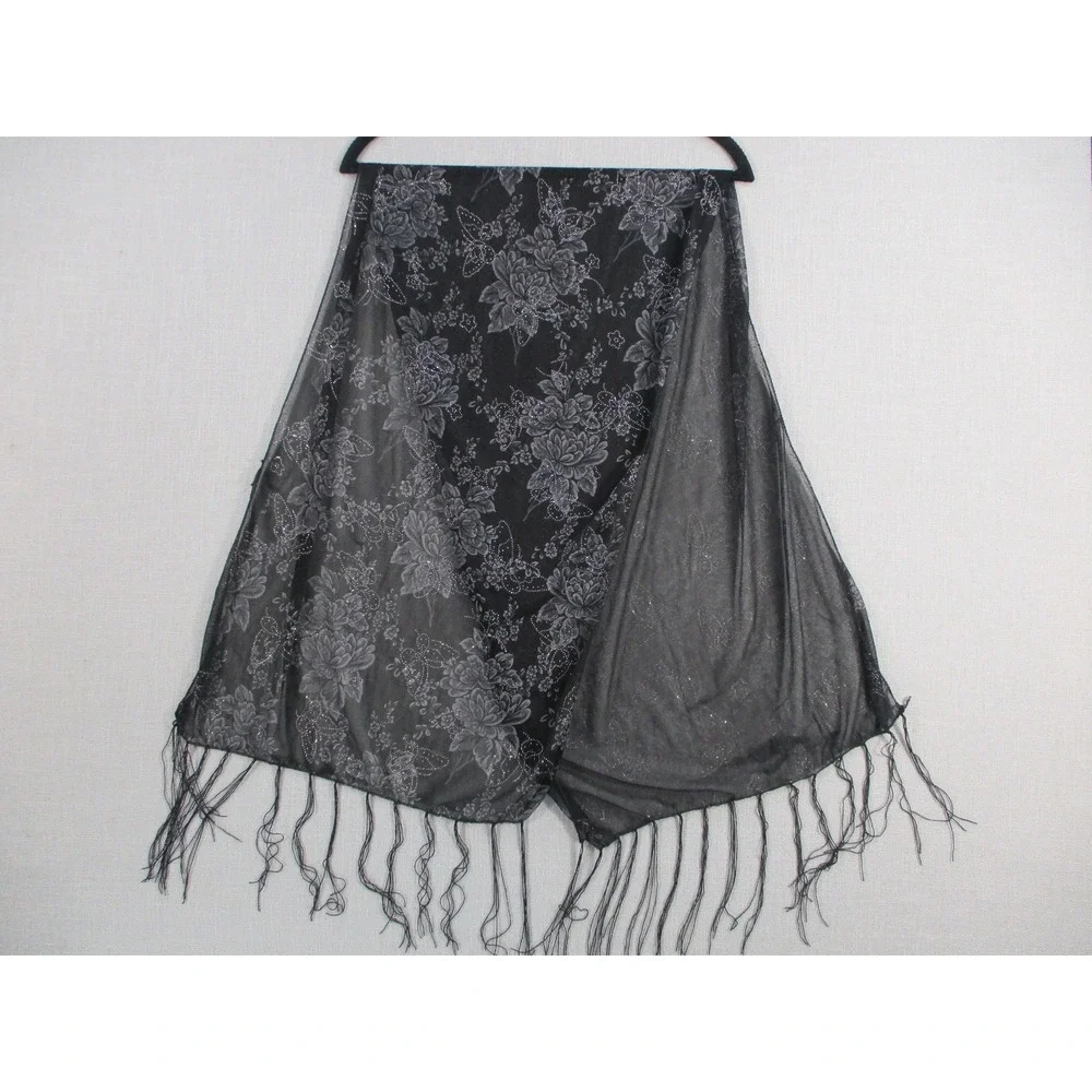 Black Floral Mesh Wrap Scarf Silver Glitter Sheer Goth with Fringe Trim 54x18.5‎